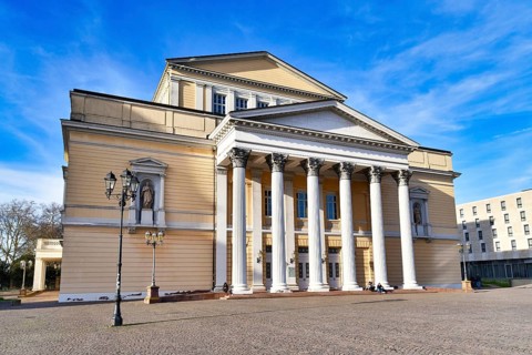 Darmstadt, Germany, March 2020: Reconstructed Neoclassicis style modern building of department of