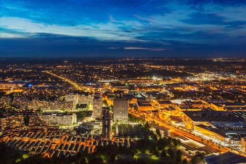 Night aerial view of Munich from Olympiaturm (Olympic Tower) . Munich, Bavaria, Germany, Europe