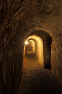 Narrow dark passage in the casemates, cellar, vault, castle complex, Marburg, Hesse, Germany,