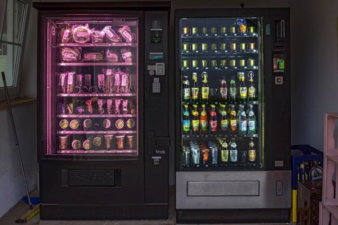 Food vending machines stocked with sausage products and drinks, Bavaria, Germany, Europe