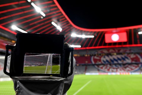 Overview interior Allianz Arena, empty, monitor with goal, goal net, TV camera, logo FC Bayern