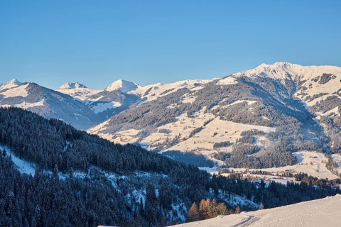 View on to the mountains from Wildpark Aurach in winter, snow, Kitzbuehl, Tirol, Austria, Europe