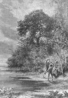 Three men slay an Ai, sloth, 1869, Amazon, Brazil, Historical, digitally restored reproduction of a
