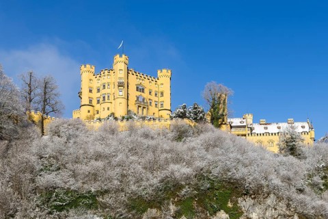 A yellow castle sits majestically on a snow-covered hill with a blue sky, Hohenschwangau Castle,