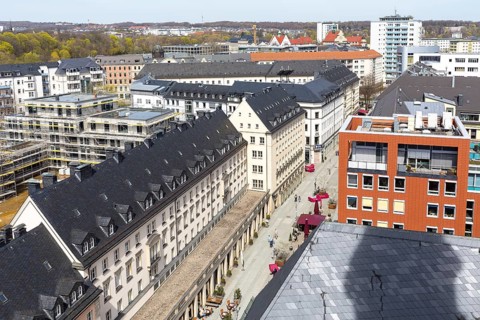 View from the high tower of the Jakobikirche to the city centre with pedestrian zone Innere
