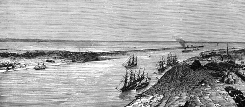 Mouth of the Sulina River within the Danube Delta into the Black Sea, shipping traffic,