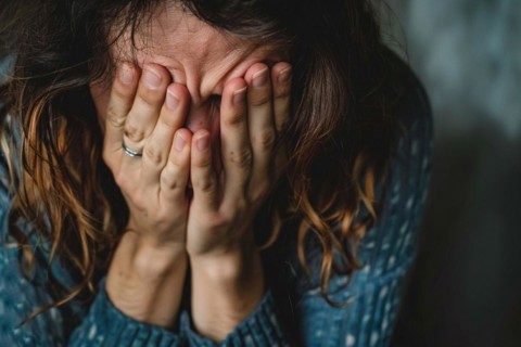 Crying sad woman holding face with hands. KI generiert, generiert AI generated
