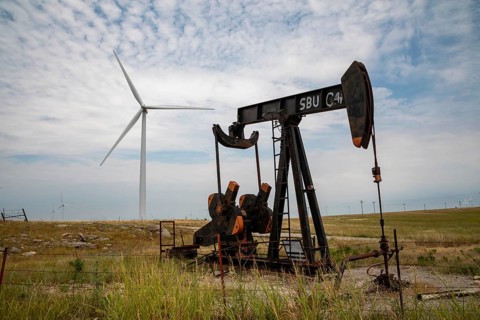 Osage Nation, Oklahoma, An oil well and wind turbines on the Osage Indian Reservation. The Osage