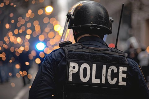 Back view of police officer with helmet and bulletproof vest. Generative Ai, AI generated