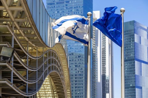 Israel, Tel Aviv financial business district skyline includes shopping malls and high tech offices,
