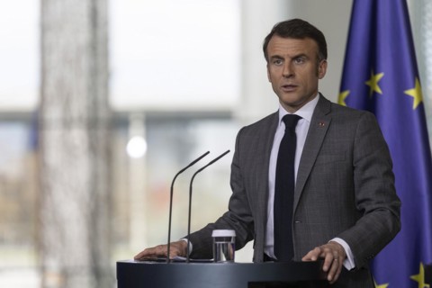 Emmanuel Macron, President of France, recorded during a press conference at the Federal Chancellery