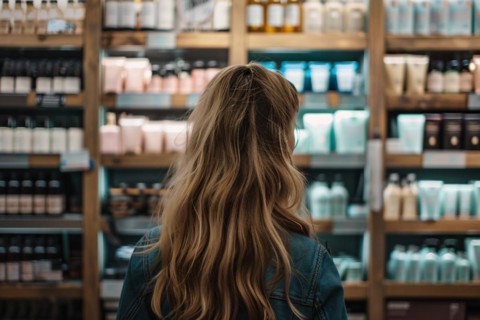 Young woman standing in front of shelves with cosmetic and makeup products in store. KI generiert,