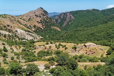 A farmhouse below a steep mountain slope in the Parco delle Madonie nature park. Cefalu, Sicily,