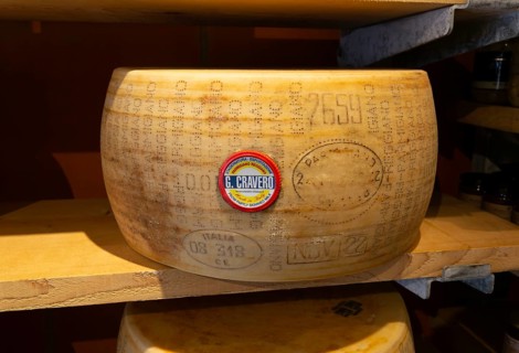 Wheel of Parmesan cheese, Parmigiano Reggiano by G Cravero, Mons cheesemongers shop, East Dulwich,