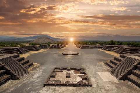 Landmark Teotihuacan pyramids complex located in Mexican Highlands and Mexico Valley close to