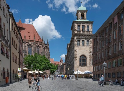 Old Town Hall, built around 1620 and the Gothic St Sebald's Church on the left, Nuremberg, Middle