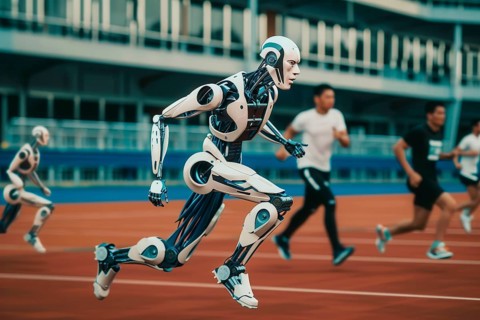 Futuristic humanoid cyborg competing with humans in a Stadium, AI generated