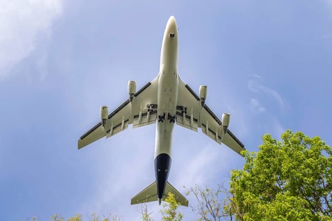 Aircraft on approach shortly in front of landing at Frankfurt Airport, Fraport. Boeing 747,