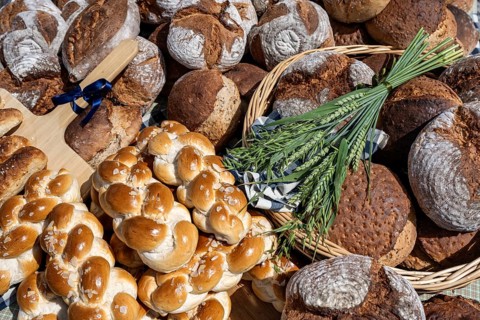 Various types of bread, loaves, farmhouse bread, yeast plait with decoration, Baden-Württemberg,