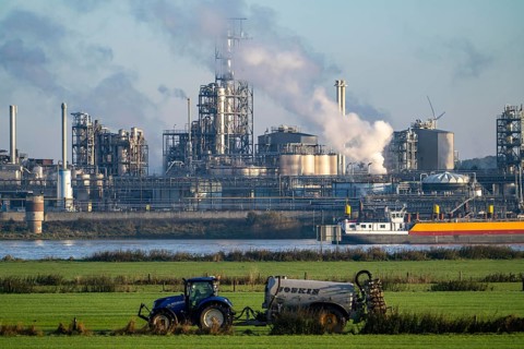 Cargo ship on the Rhine near Emmerich, Kao Chemicals backdrop, specialising in surfactants, KLK,