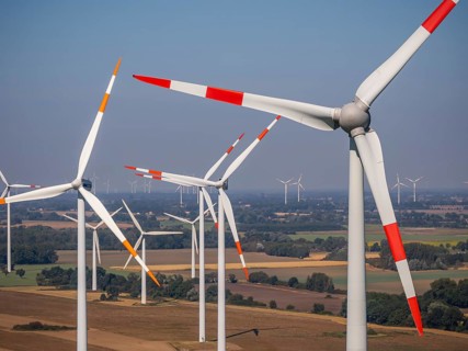 Wind farm near Anklam, drone photo of wind turbines, Sarnow, Mecklenburg-Western Pomerania,