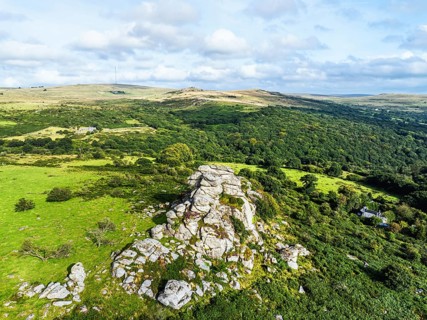 Vixen Tor from a drone, Dartmoor National Park, Yelverton, Devon, England, United Kingdom, Europe