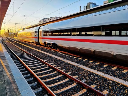 Central station with Intercity-Express ICE at sunrise, Dortmund, Ruhr area, North Rhine-Westphalia,