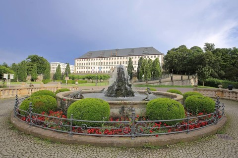 Water art with fountain, gardens, baroque Friedenstein Castle, Gotha, Thuringia, Germany, Europe