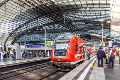 Central station with platform hall, glass roof construction, regional train, Berlin, Germany,
