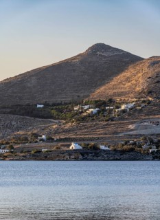 View of the Monastiri peninsula, hills and white Cycladic houses, Paros, Cyclades, Greece, Europe