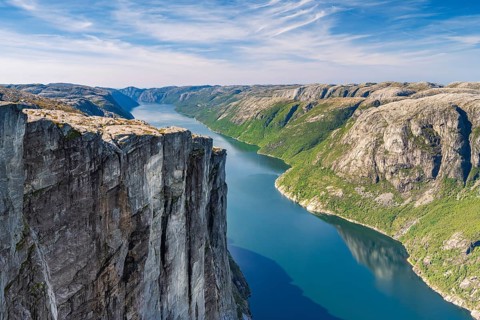 Rock face of Kjerag above the Lysefjord, Lysebotn, Rogaland, Norway, Europe