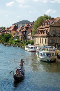 Gondolier, boat, excursion boats, Regnitz, Alter Schlachthof, harbour, Bamberg, Upper Franconia,