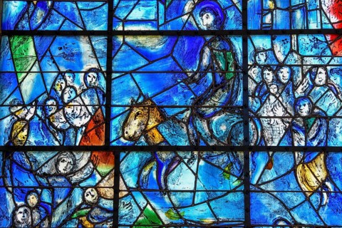 Detail entry into Jerusalem of the stained glass window La Paix, the Peace, by Marc Chagall,