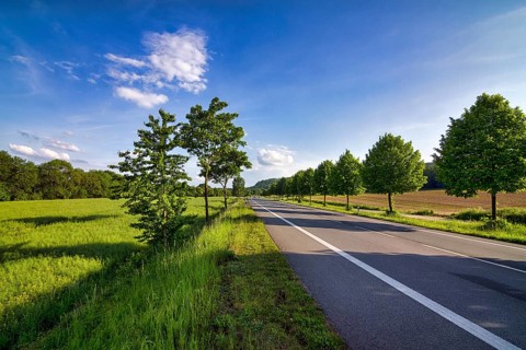 Empty federal road 64, B 64 between Höxter and Holzminden, meadows and fields in spring, trees at