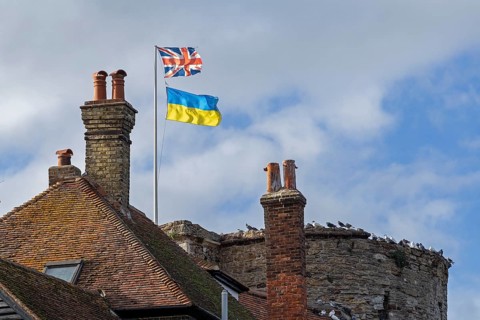 British and Ukrainian Flag, Town Gate The Landgate, Rye, East Sussex, England, United Kingdom,
