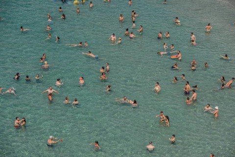 Tourists at the Playa Mal Pas, Benidorm, Province of Alicante, Costa Blanca, Spain, Europe