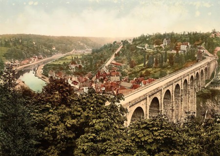 Dinan Viaduct in Brittany, France, c. 1890, Historic, digitally enhanced reproduction of a