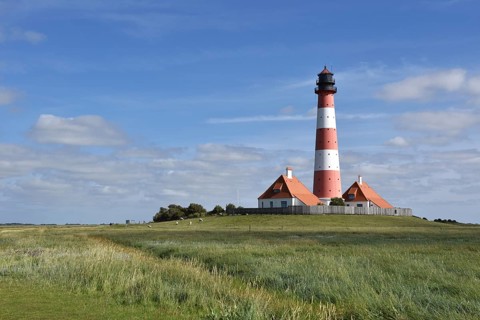 Westerheversand lighthouse in summer, Germany, Europe