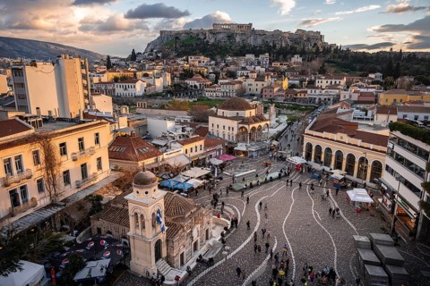 View over the old town of Athens, with Panagia Pantanassa Church, Tzisdarakis Mosque and Acropolis,