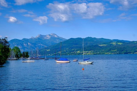 Near Steinbach am Attersee with Schafberg, Salzkammergut, Upper Austria, Austria, Europe