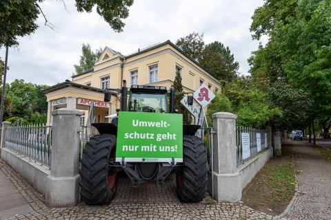Tractor, protest by farmers at a pharmacy, Quedlinburg, Harz, Saxony-Anhalt, Germany, Europe