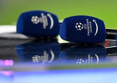 Microphones Logo Champions League CL lie on presenter's table, Allianz Arena, Munich, Bavaria,
