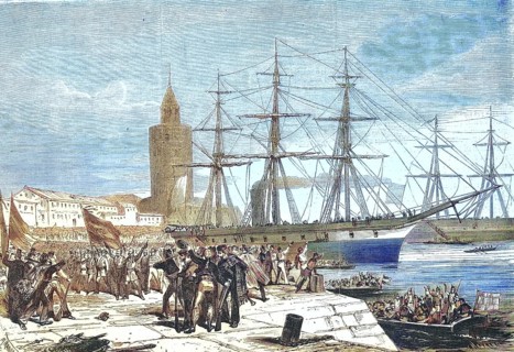 Docking of a ship and disembarkation of the crew, Cadiz, 1869, Spain, Historic, digitally restored