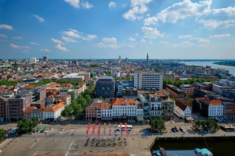 ANTWERP, BELGIUM, May 26, 2018: Aerial view of Antwerp city cetner with Cathedral of Our Lady in