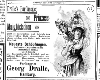 Advertisement of the company Georg Dralle, Parfümerie, Hamburg, for Prinzess Maiglöckchen perfume,