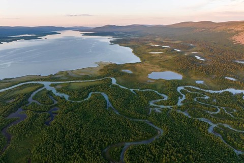 Laddjujohka River Delta, Lake Paittasjärvi, Nikkaluokta, Lapland, Sweden, Europe