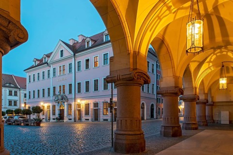 Hotel Börse and arcade of New Town Hall building by night, Untermarkt, Görlitz, Goerlitz, Germany,