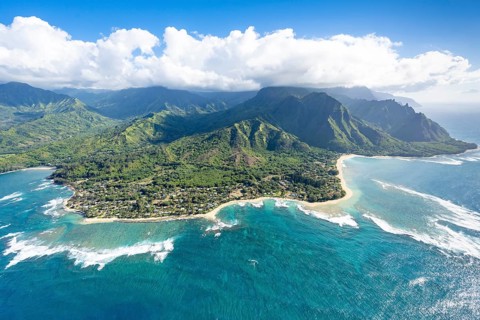 Aerial view Ke'e Beach, Haena Beach, Tunnels Beach, Kepuhi Beach, Napali Coast, Kauai, Hawaii, USA,