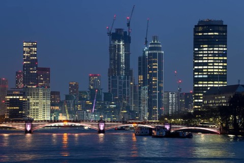 View of the London skyline from Westminster Bridge, blue hour, England, United Kingdom, Europe
