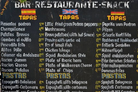 Menu with tapas and pastas on offer in front of a restaurant, Puerto de Sóller, Majorca, Balearic